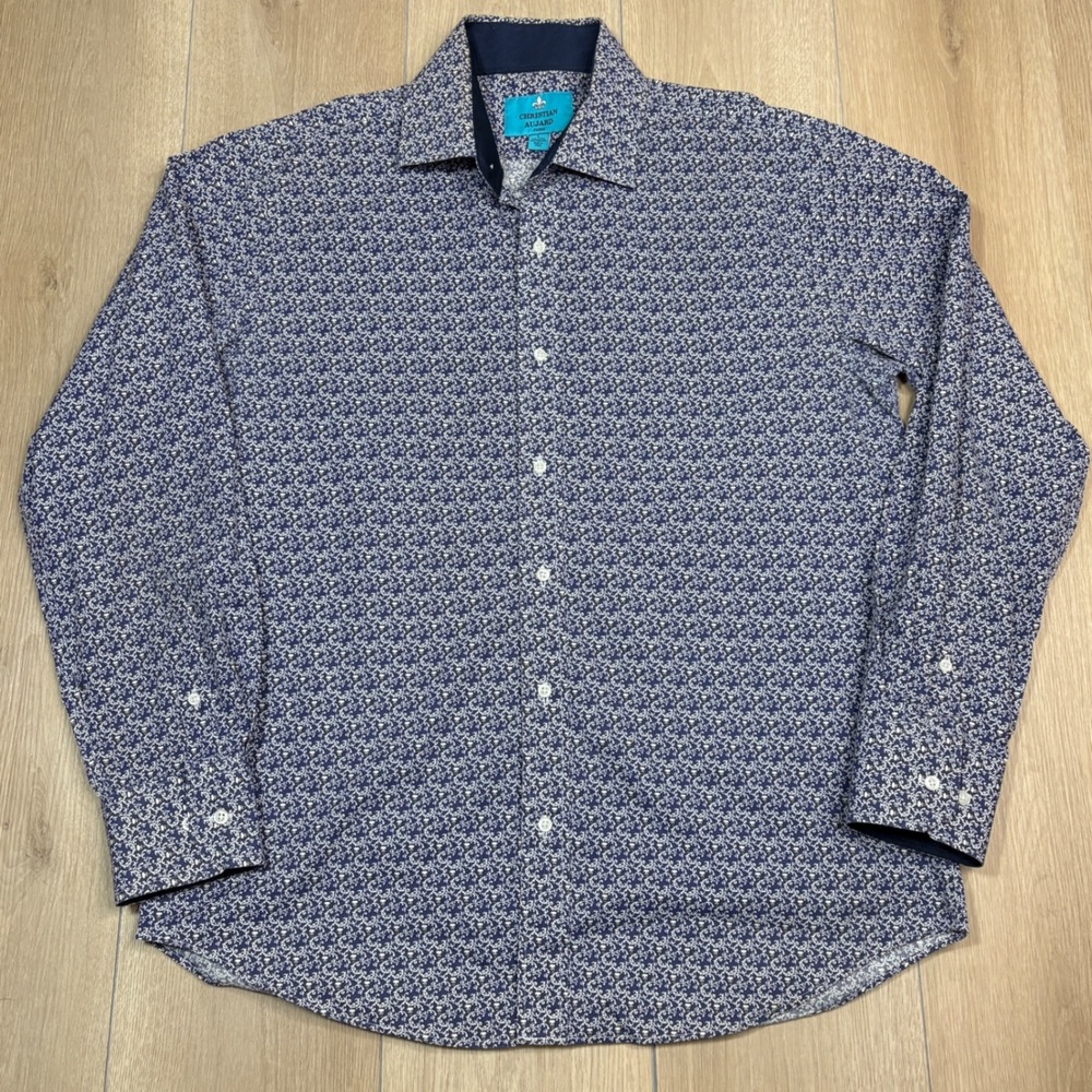 Christian Aujard Paris Mens Blue Skull Filigree Print Button Down Shirt Large